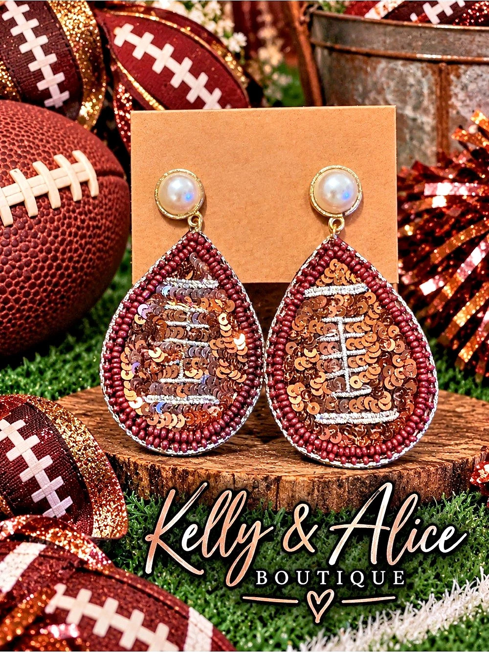 Kelly & Alice Boutique Football Sequin Teardrop Earrings